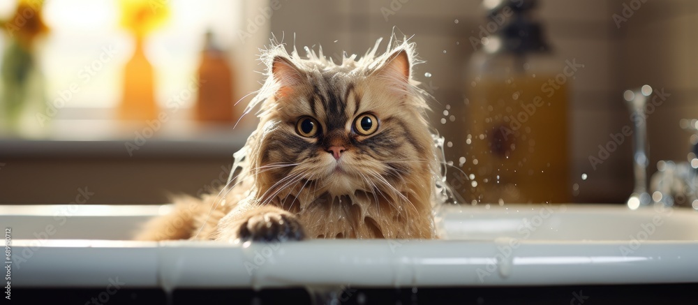 Aufkleber Amusing feline bathing Copy space image Place for adding text or design
