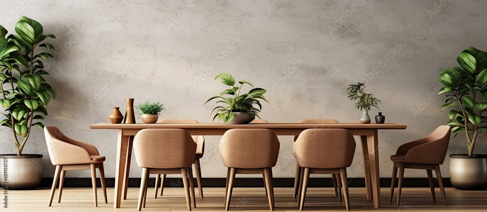 Poster modern home decor featuring a stylish botany theme in the dining room with a crafted wooden table ch