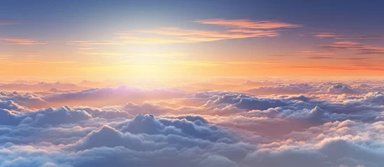 Zelfklevend Fotobehang Aircraft viewpoint above clouds displaying breathtaking sunset Copy space image Place for adding text or design © vxnaghiyev