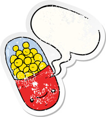 cartoon pill with speech bubble distressed distressed old sticker