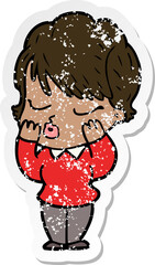 distressed sticker of a cartoon woman with eyes shut