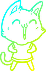 cold gradient line drawing of a happy cartoon cat