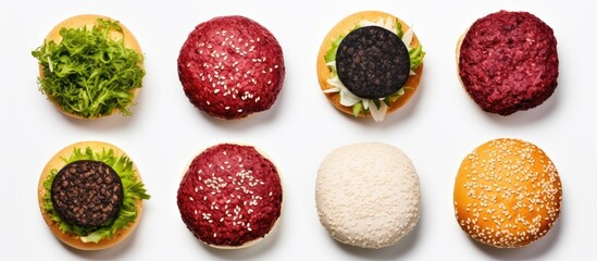 Assorted burgers some with meat and some plant based on white background from above Copy space image Place for adding text or design - obrazy, fototapety, plakaty