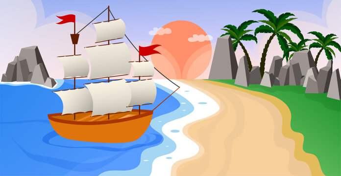 Cartoon sailboat. Ship near the island at sunset.