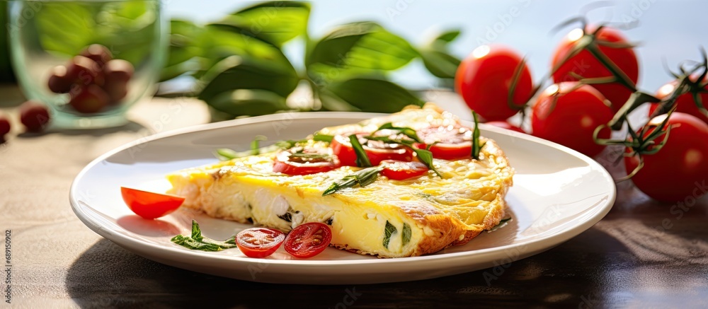 Aufkleber Italian frittata omelet with tomatoes and feta cheese Copy space image Place for adding text or design