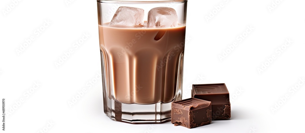 Aufkleber Isolated glass of chocolate milk with ice cube on white background Copy space image Place for adding text or design