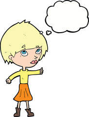 cartoon woman giving thumbs up symbol with thought bubble
