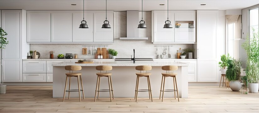 Modern bright kitchen in a new house featuring white furniture and a bar with wooden floors and accents Copy space image Place for adding text or design