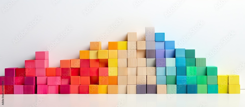 Poster Assorted vibrant wooden blocks on white background suitable for creative purposes Copy space image Place for adding text or design