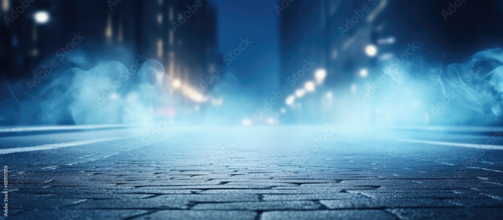 Poster desolate street with blue smoke dimly lit surroundings copy space image place for adding text or des