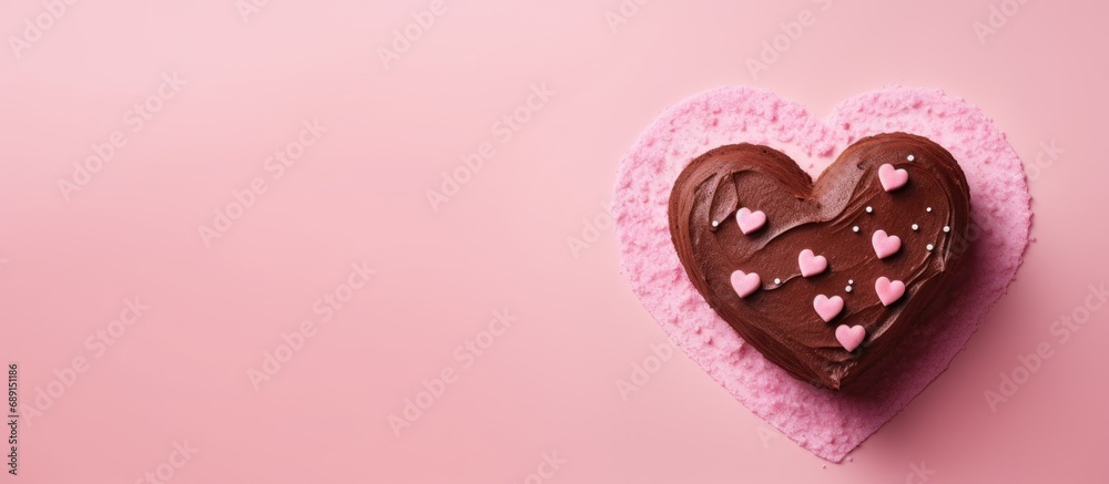 Poster Heart shaped chocolate cake with cream on pink background viewed from the top on Valentine s Day Copy space image Place for adding text or design
