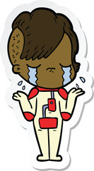 sticker of a cartoon crying girl wearing space clothes