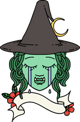 Retro Tattoo Style crying half orc witch character face