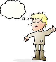 cartoon poor boy with positive attitude with thought bubble