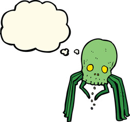 cartoon spooky skull spider with thought bubble