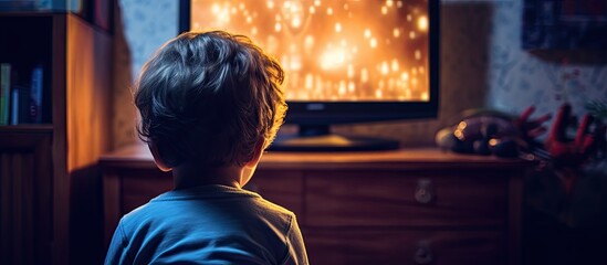 Caucasian boy addicted to TV and video games Copy space image Place for adding text or design - obrazy, fototapety, plakaty