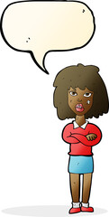 cartoon tough woman with folded arms with speech bubble