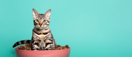 Bowl of dry food with Bengal cat on colored background Copy space Copy space image Place for adding text or design - obrazy, fototapety, plakaty