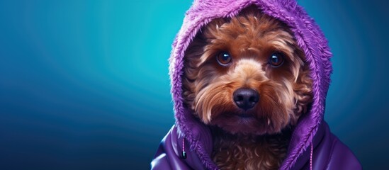 Charming Poodle dog in animal clothes posing with neon light filter on a purple background Copy space image Place for adding text or design