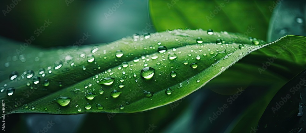 Poster Green leaf with water droplets symbolizes environmental care and sustainable resources creating a natural green texture background Copy space image Place for adding text or design