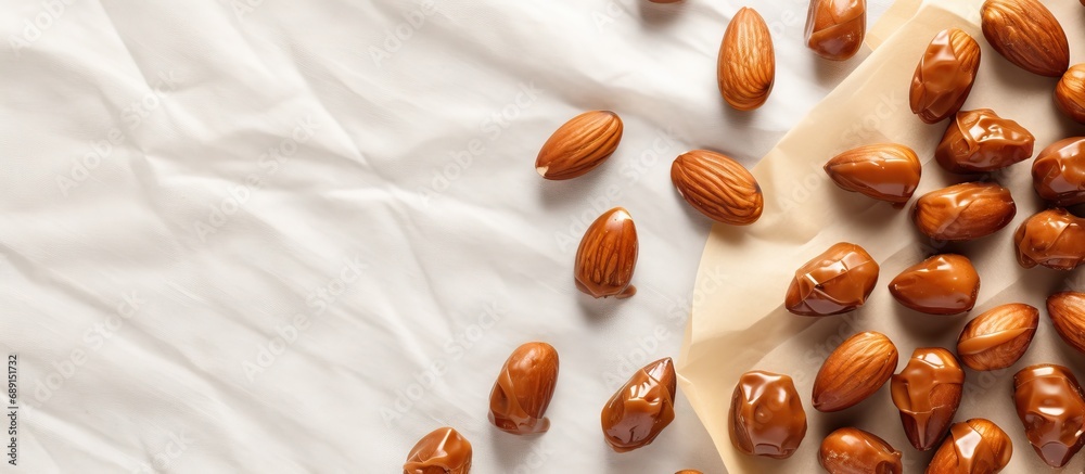 Aufkleber Handmade toffee caramel nut candy on crumpled paper Homemade food gifts for holidays Flat lay Copy space image Place for adding text or design