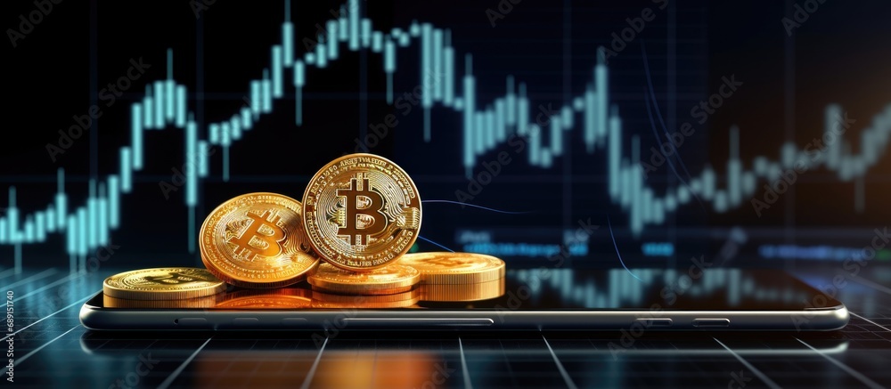 Poster Bitcoin cryptocurrency on mobile with a growing graph on an international stock exchange enjoying an uptrend Copy space image Place for adding text or design