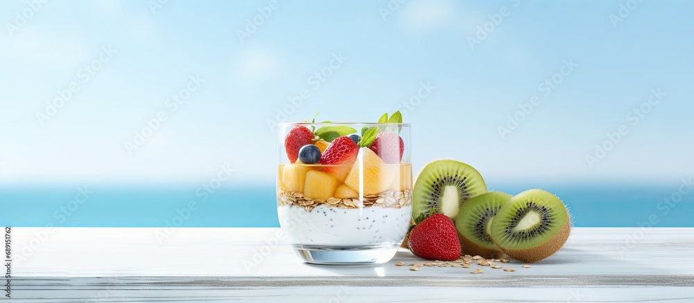 Poster Front view of a healthy breakfast with vegetarian yogurt granola and fresh fruit on a blue table in a white kitchen Copy space image Place for adding text or design
