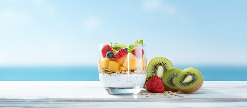 Front view of a healthy breakfast with vegetarian yogurt granola and fresh fruit on a blue table in a white kitchen Copy space image Place for adding text or design