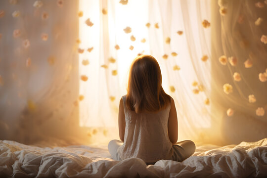 Child Girl, Young Woman Waking Up In Meditate From Behind Facing The Window Sitting On The Bed In The White Bedroom With Sunrise Natural Light And White Curtains. Tranquil And Relaxing Atmosphere.