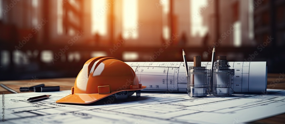 Poster Blueprints featuring helmet and tools for construction Copy space image Place for adding text or design