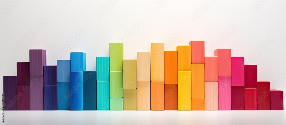 Poster Assorted vibrant wooden blocks on white background suitable for creative purposes Copy space image Place for adding text or design