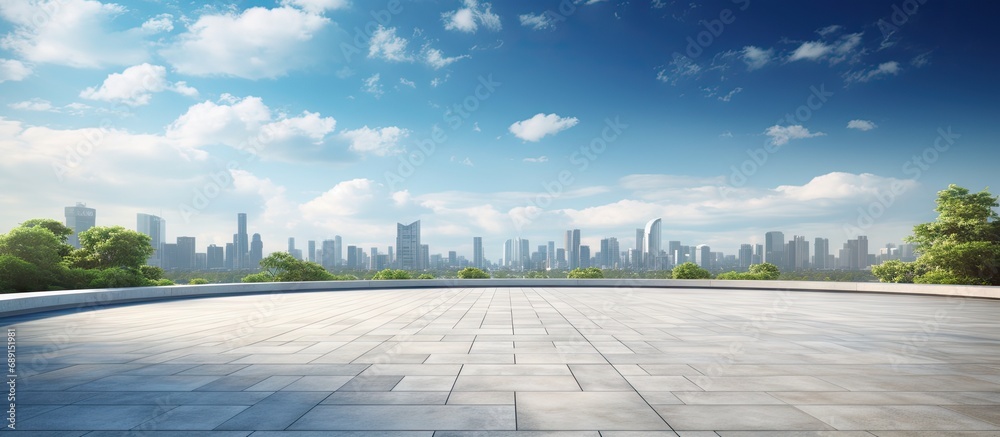 Aufkleber Future architecture and blue sky backdrop in an empty city park with a concrete floor Copy space image Place for adding text or design