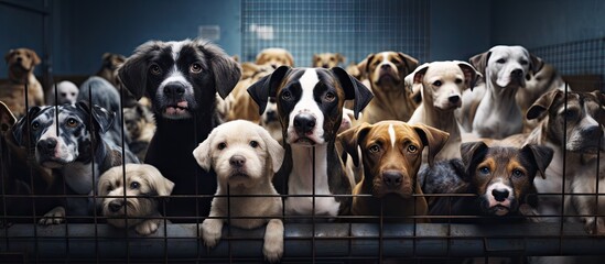 Overcrowded animal shelter with multiple dogs waiting to be rescued pleading for help Copy space image Place for adding text or design - obrazy, fototapety, plakaty