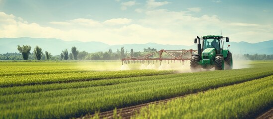 Farmer fertilizing green field with tractor Copy space image Place for adding text or design - obrazy, fototapety, plakaty