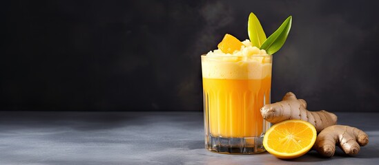 Healthy eating concept with vitamin cocktail turmeric ginger and orange on gray background Copy space image Place for adding text or design - obrazy, fototapety, plakaty