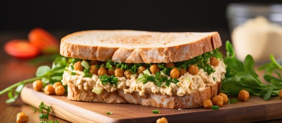 Assorted hummus sandwiches on a board highlighting the classic hummus with chickpeas Nutritious and tasty plant based fare Copy space image Place for adding text or design - Powered by Adobe