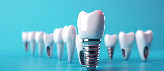 Dental implants rendered in 3D on blue background Copy space image Place for adding text or design