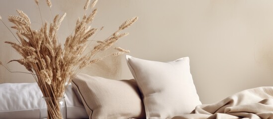 Minimalistic interior with dry plants and beige natural textile pillows Copy space image Place for adding text or design
