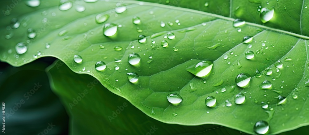 Poster Green leaf with water droplets symbolizes environmental care and sustainable resources creating a natural green texture background Copy space image Place for adding text or design