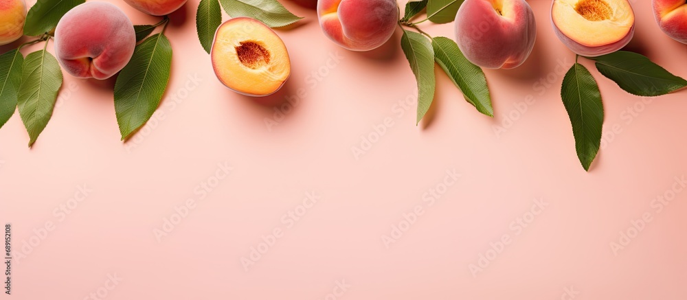 Aufkleber Flat lay composition of ripe peaches with green leaves on pink background Top view with copy space Fresh organic vegan food Copy space image Place for adding text or design