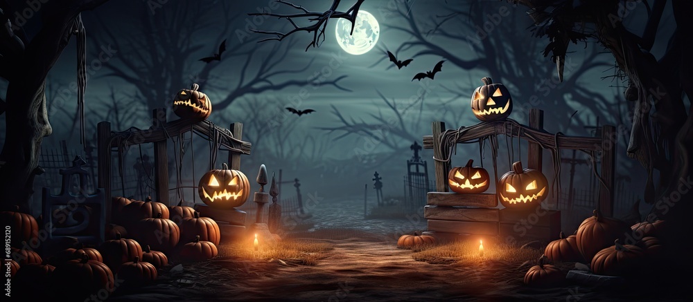 Poster Halloween scene with graveyard pumpkins and skeletons Copy space image Place for adding text or design
