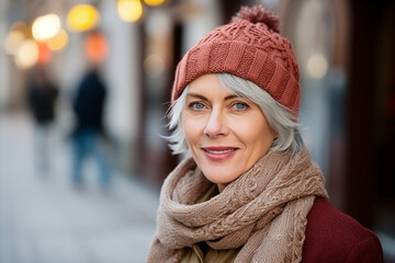 Generative AI portrait of attractive elderly woman standing over new year decorations snowy city winter fair