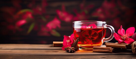 Hibiscus tea with apple and cinnamon on wooden table Copy space image Place for adding text or design - obrazy, fototapety, plakaty