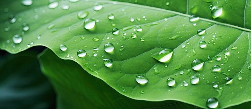 Green leaf with water droplets symbolizes environmental care and sustainable resources creating a natural green texture background Copy space image Place for adding text or design
