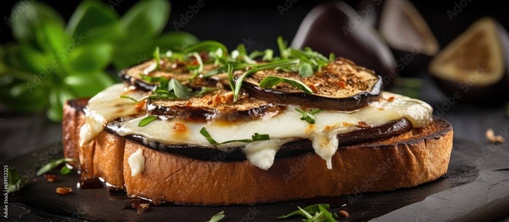 Poster Grilled eggplant and mozzarella accompany toast Copy space image Place for adding text or design