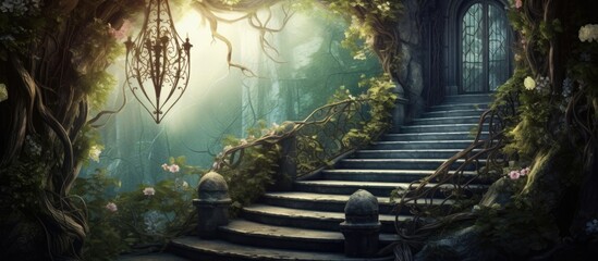 Antique gate and stair in a magical forest Copy space image Place for adding text or design