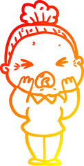 warm gradient line drawing of a cartoon angry old woman