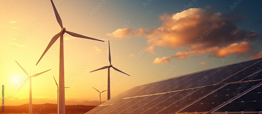 Aufkleber clean energy concept wind turbine and solar panels in a sunset setting copy space image place for ad