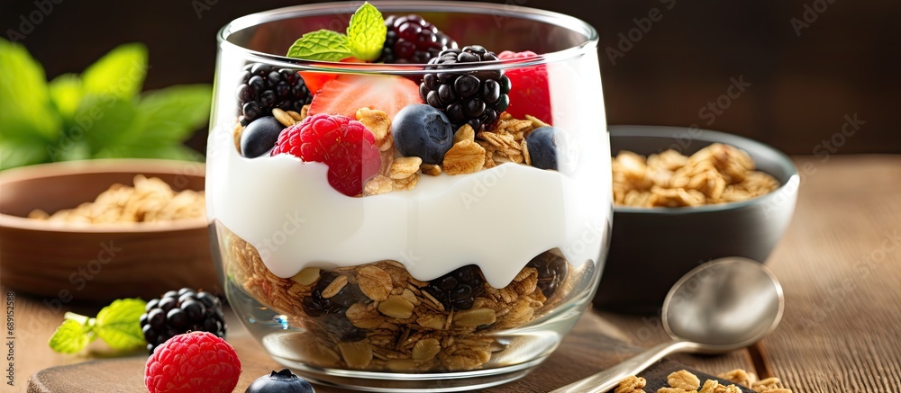 Poster Healthy breakfast with yogurt granola and fruit berry salad Copy space image Place for adding text or design