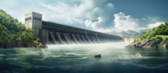 Hydropower plant with turbines and water spills for generating green electricity Climate change friendly eco friendly energy concept Copy space image Place for adding text or design